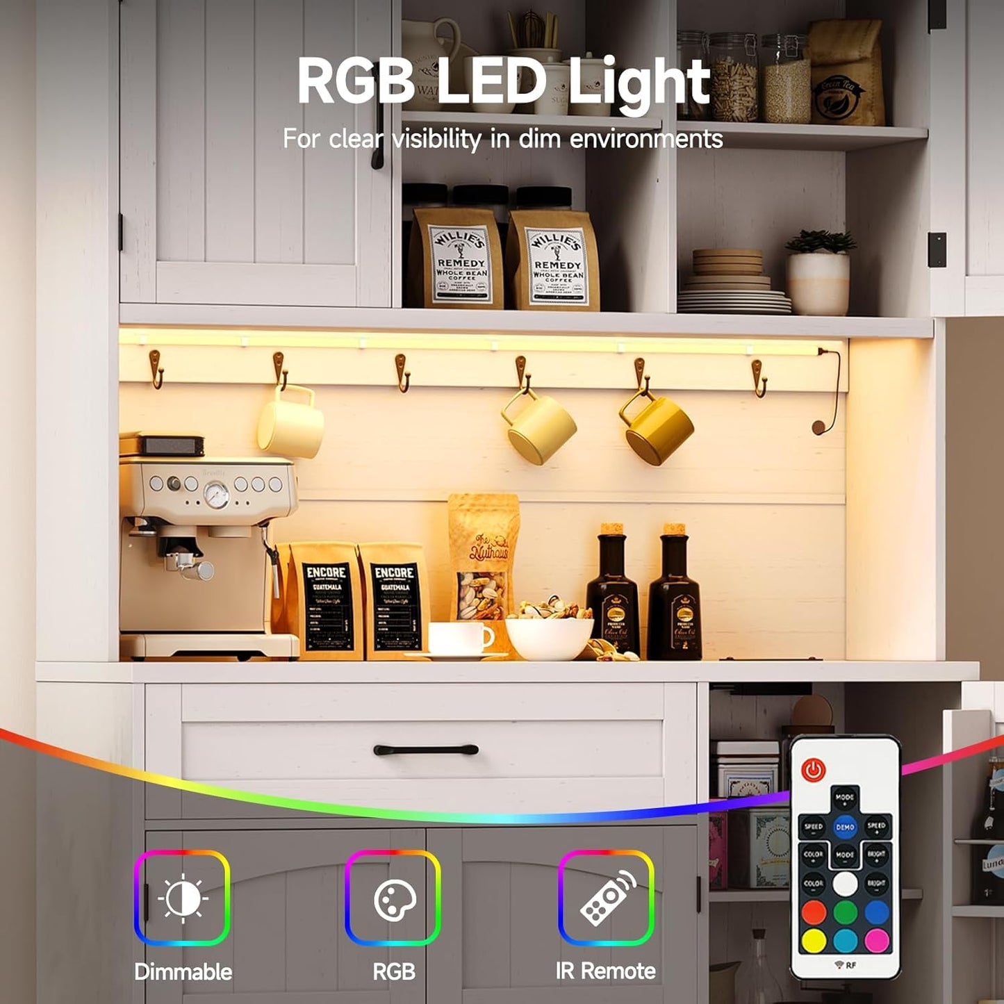 ONBRILL 71" Pantry Cabinet, Kitchen Pantry Storage Cabinet with LED Light & Outlet, Kitchen Hutch with Microwave Shelf & 6 Hooks, Door Shelves & Drawer & Adjustable Shelves, for Dining Room