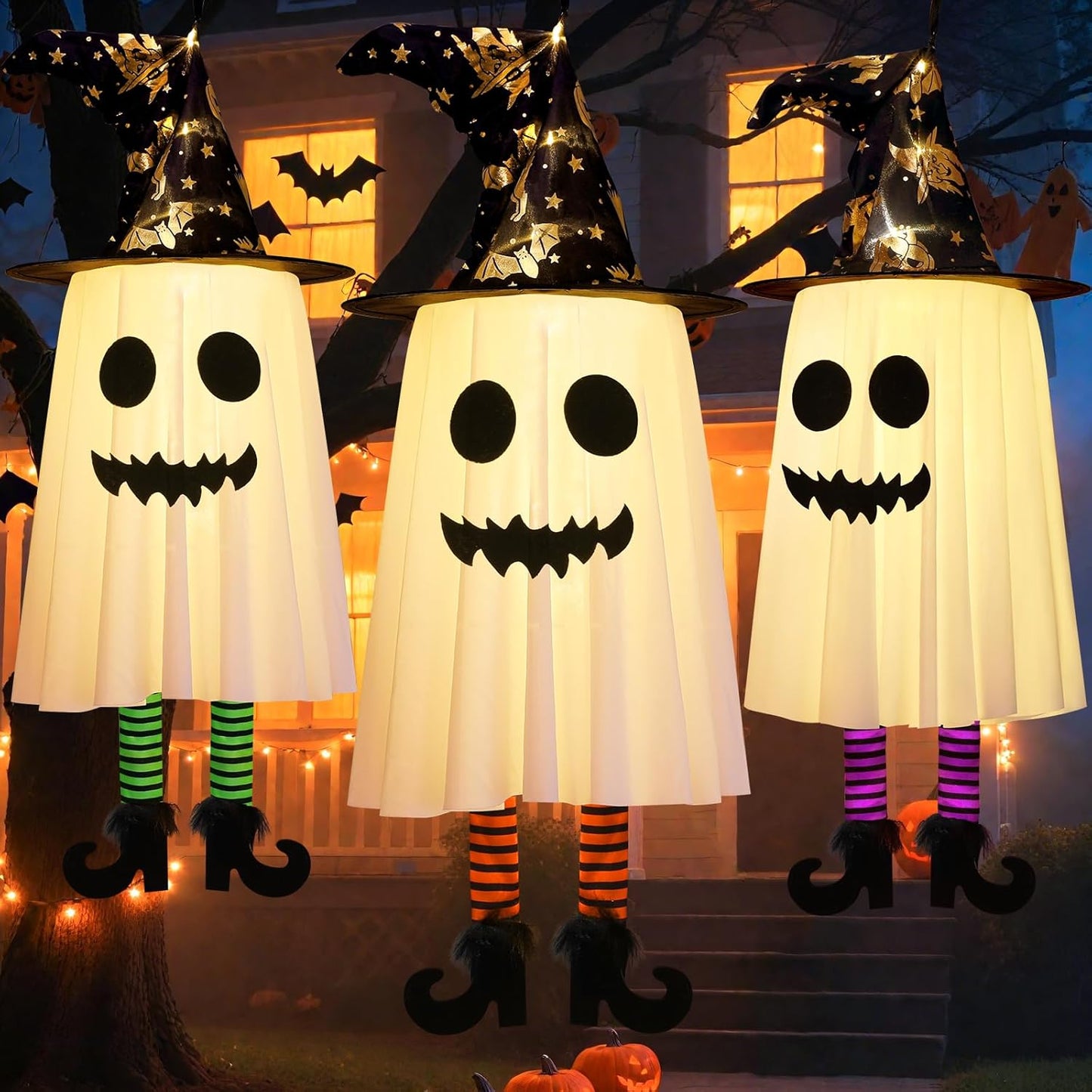 3 Packs Halloween Hanging Ghosts Decorations Outdoor Indoor, Spooky Glowing Ghost Witch Hat Striped Stockings High Heels String Lights 3 Modes Patio Yard Front Porch Tree Party(Contains 18 Batteries)