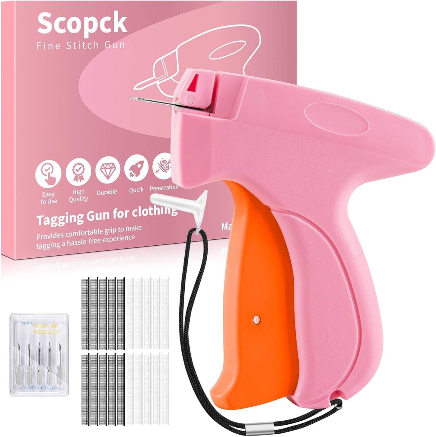 Stitch Gun for Clothes - Handheld Stitch Gun Quick Clothing Fixer - Tagging Gun - Includes 6 Needle, 1000 Black Fasteners & 1000 White Fasteners (Pink/Orange)