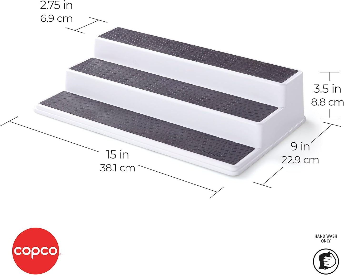 Copco 3-Tier Non-Skid Spice Rack Organizer for Kitchen Cabinet or Pantry, 15-Inch Tiered Shelf, White/Gray, Slip-Resistant Design for Jars and Bottles