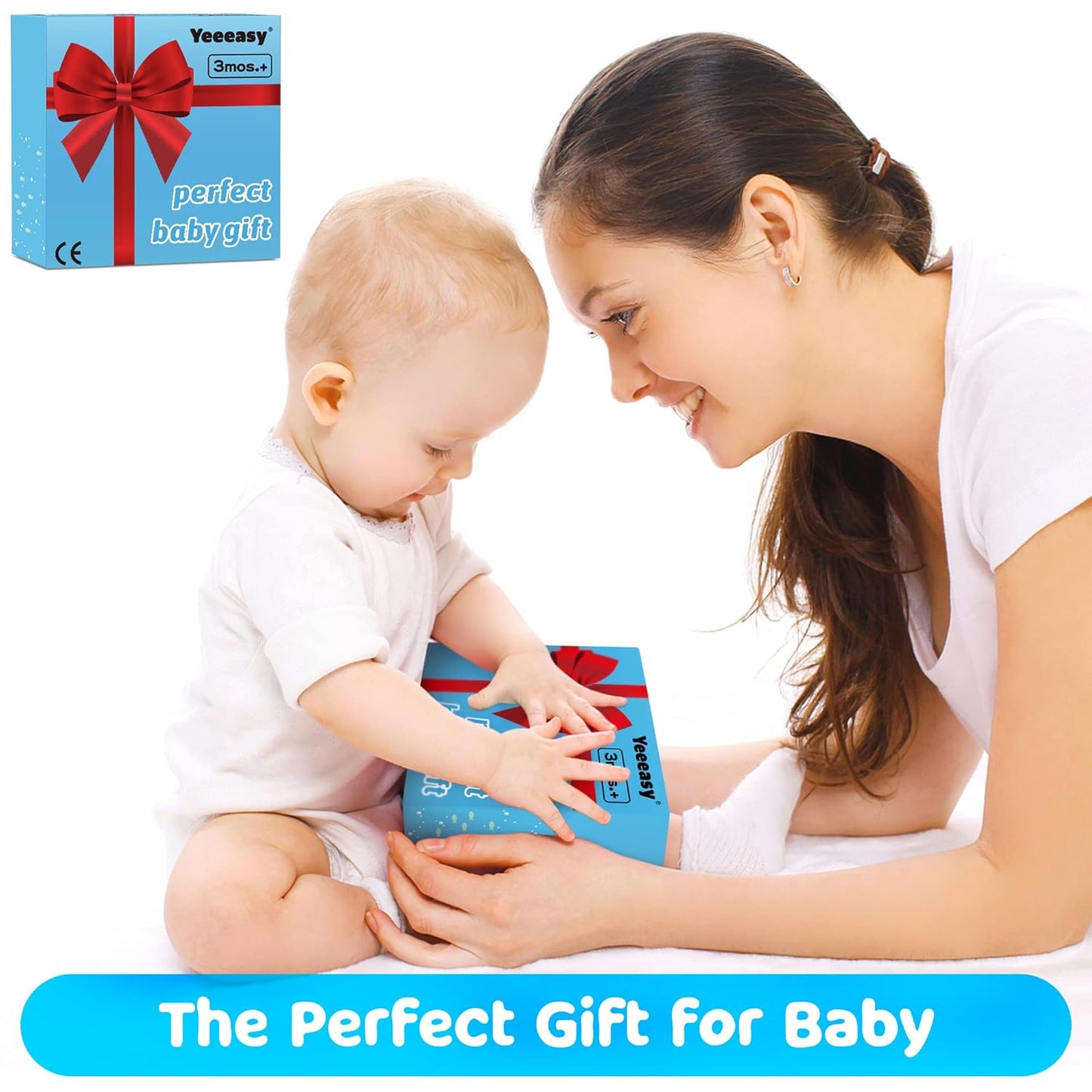 Woman and baby with a blue gift box labeled 'Yeeasy perfect baby gift'.