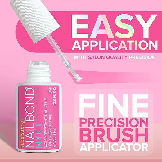 Super Strong Nail Glue for Press On Nails, Nail Tips & Acrylic Nails (8ml) NYK1 NailBond Brush On Glue for Press Ons, Tips & Acrylics - Long Lasting, Maximum Strength, Mess-Free Application