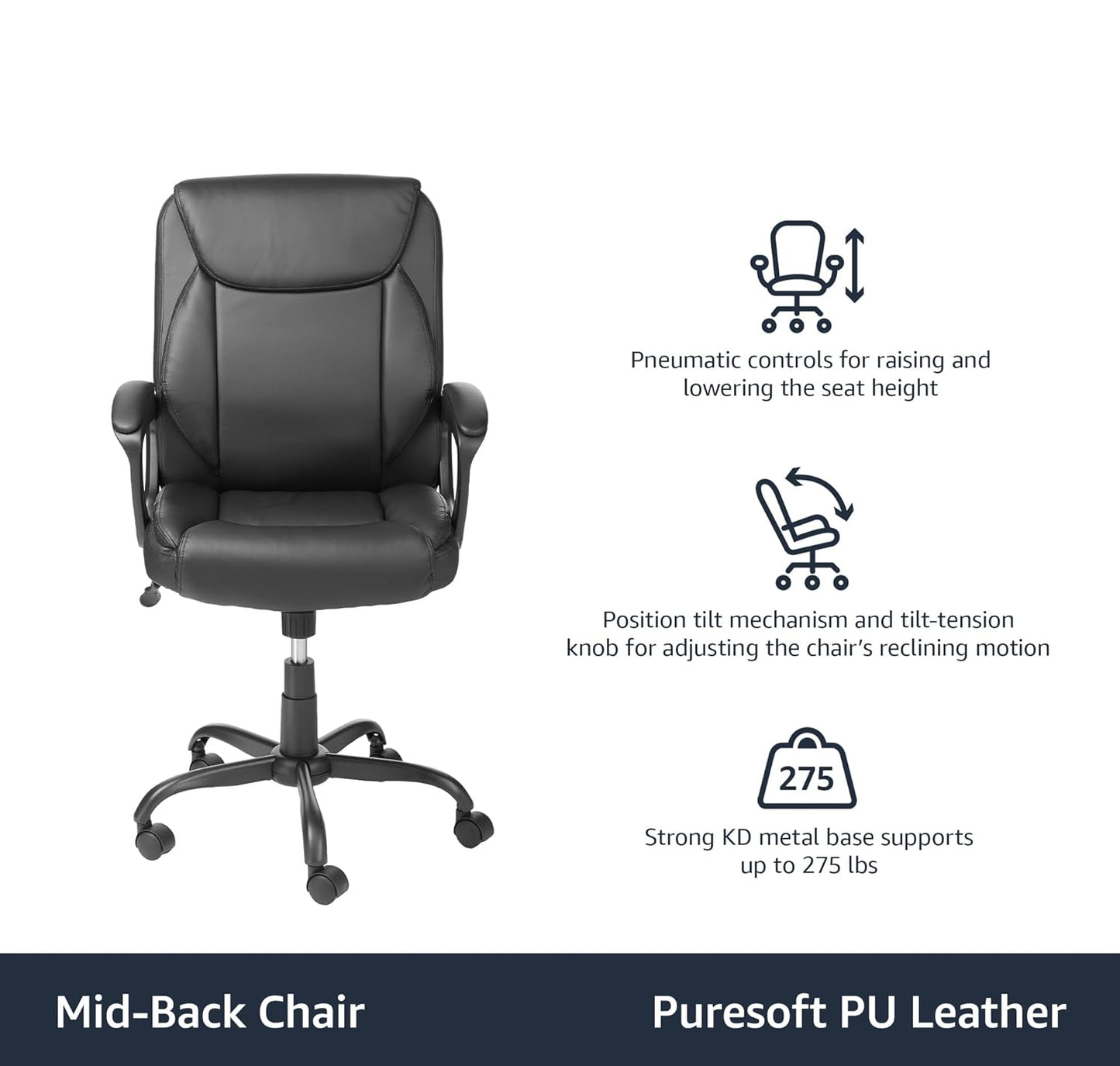 Puresoft PU Padded Mid-Back Height Adjustable Office Computer Desk Chair with Armrest, 26"D x 23.75"W x 42"H, Black