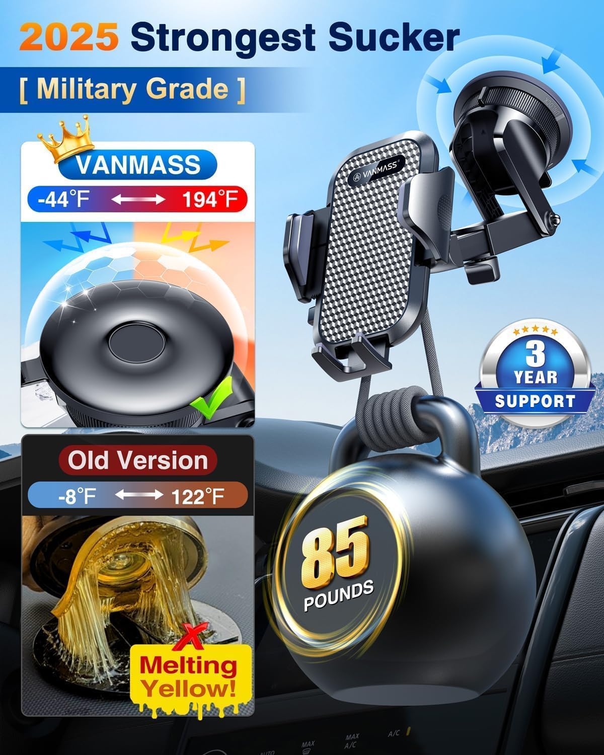 2025 True Military-Grade Car Phone Holder VANMASS Upgraded Strongest Suction & Clip Cell Phone Mount for Dashboard Windshield Vent Wall,Truck Cradle Stand for iPhone 17 Pro Max 16 15 14 13 Android