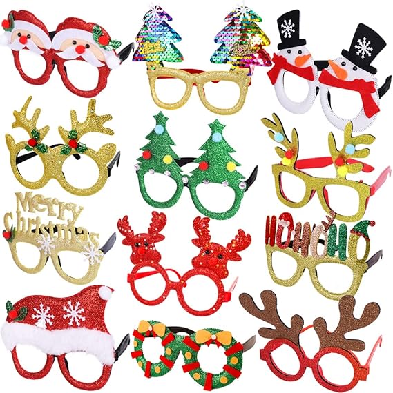 Max Fun 12Pcs Christmas Glasses Glitter Holiday Party Glasses Frames Christmas Decoration Accessories Costume Eyeglasses for Christmas Parties Holiday Favors (One Size Fits All)