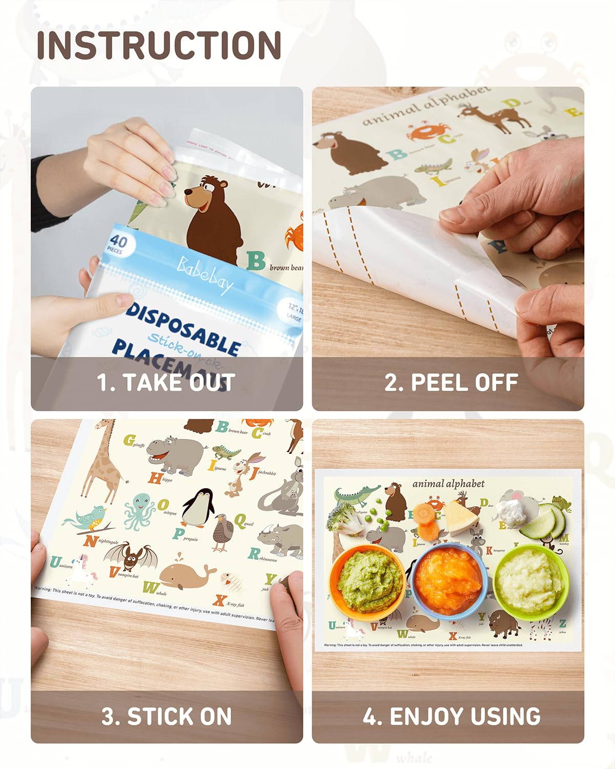 Babebay Disposable Stick-on Placemats 40 Pack for Baby & Kids & Toddler, Sticky Placemats Restaurant Table Mats 12" x 18" (Animal Alphabet)