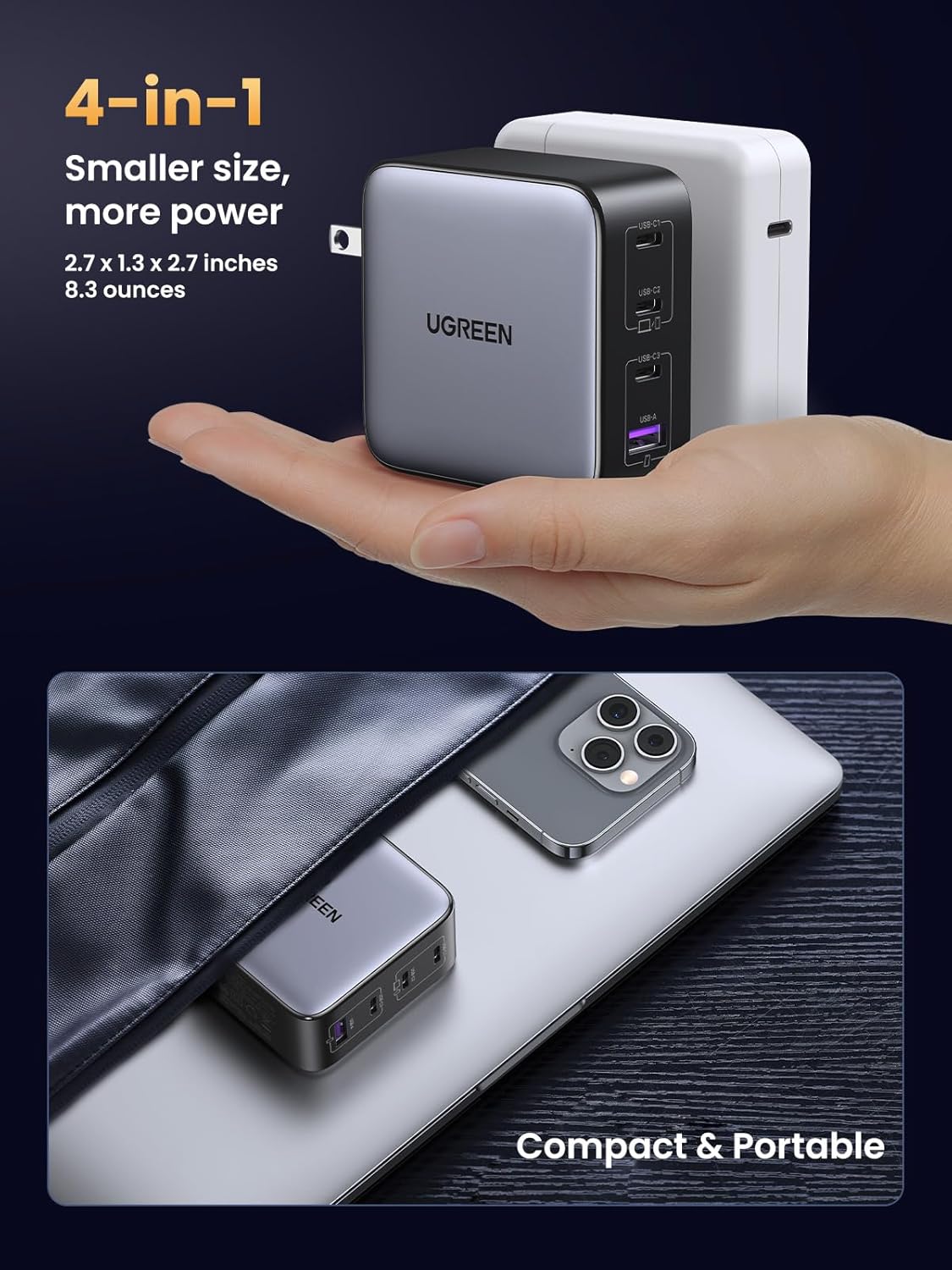 UGREEN Nexode 100W GaN USB C Charger, 4-Port Compact Foldable Fast Laptop Charger Power Adapter for MacBook Pro/Air, iPad Pro, iPhone 17/16/15 Series, Galaxy S25/S24, Pixel 10/9, Steam Deck, Pixelbook