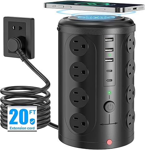 21 in 1 Tower Power Strip Surge Protector with 16 Outlets and 5 USB Ports (2 USB-C), 6FT Extension.