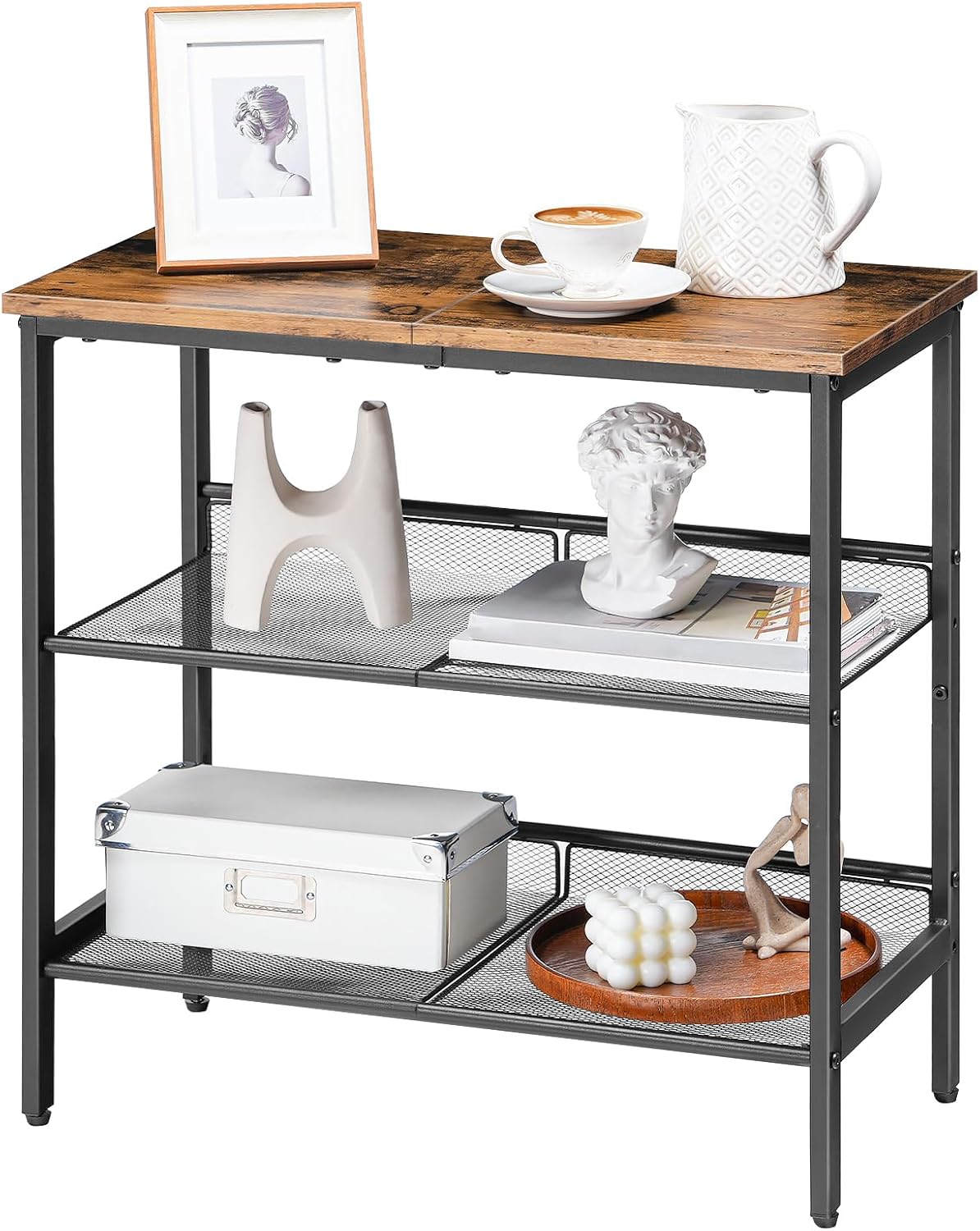 HOOBRO End Table, 3-Tier Narrow Side Table, Nightstand with 2 Flat or Slant Adjustable Shelves for Small Spaces, Hallway, Living Room, Bedroom, Sturdy, Easy Assembly, Rustic Brown and Black BF23BZ01G1