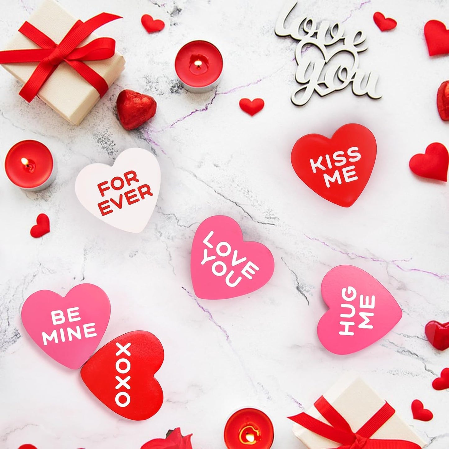 Valentines Day Decorations Wooden Sign, 6 Piece Small Heart Shaped Decor, Love Candy Table Centerpiece for Tiered Tray, Home, Kitchen, Rustic Living Room, Shelf, Wedding, Party (Red Pink and White)