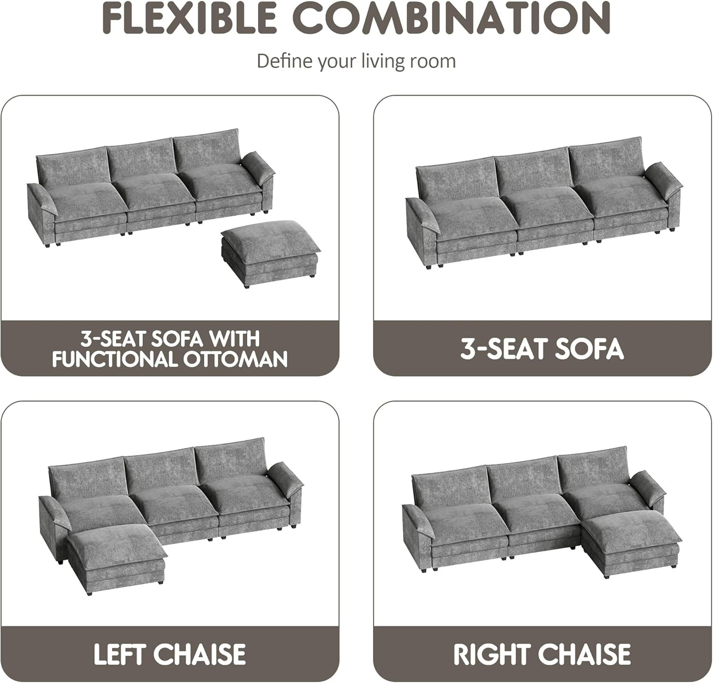 Homall 119" Modular Sectional Sofa, L Shaped Sofa Couch with Reversible Ottoman, DIY Combination Chenille Deep 3-Seat Cloud Couch for Living Room, Apartment (Light Grey, L Shaped Sofa)