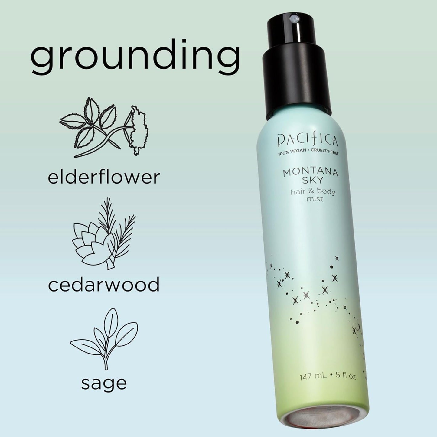 Pacifica Hair Mist Perfume & Full Body Spray for Women - Montana Sky Body Mist Fragrance w/Cedarwood, Elderflower, Black Pepper, Sage & Sandalwood Clean Beauty Alcohol-Free, Vegan & Cruelty-Free 5 oz - Cart Shape