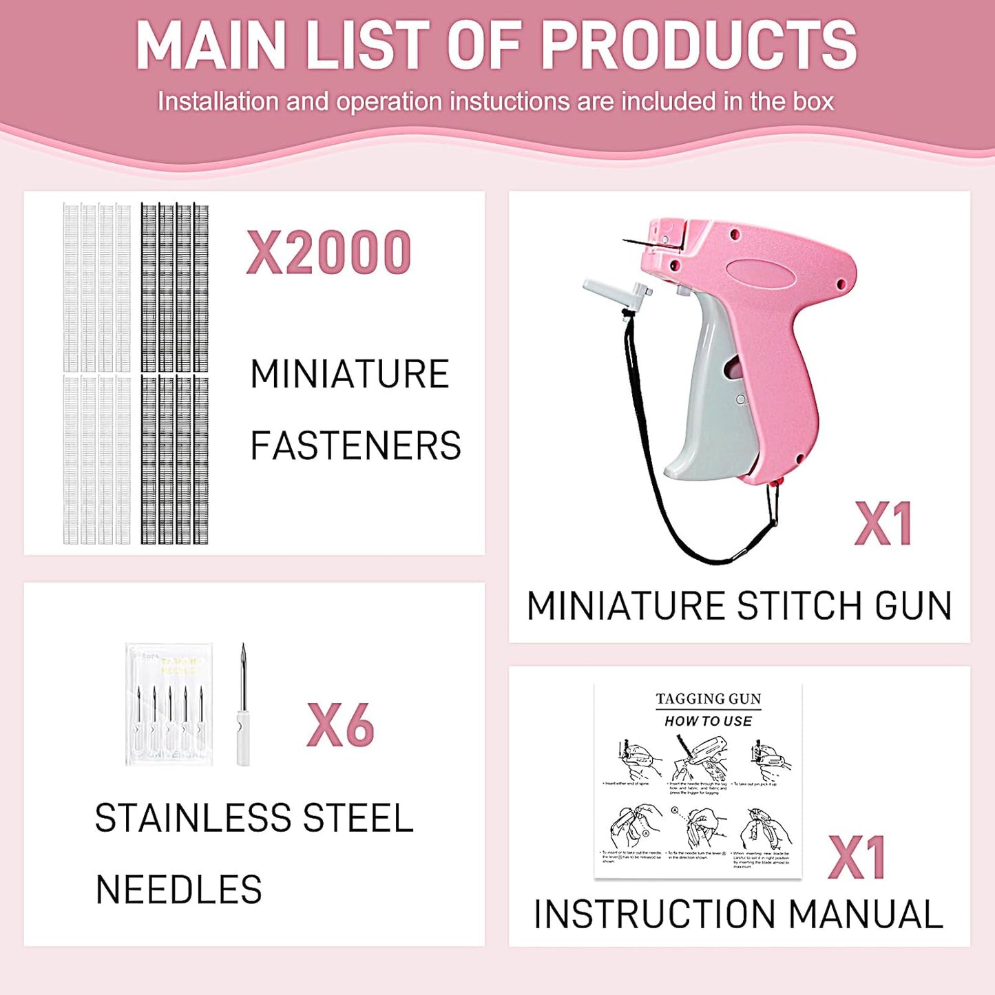 Stitch Gun for Clothes, Handheld Stitch Gun Quick Clothing Fixer,Sewing Kit Includes 1,000 Black Fasteners & 1,000 White Fasteners & 6 Needles,Tagging Gun(Pink)