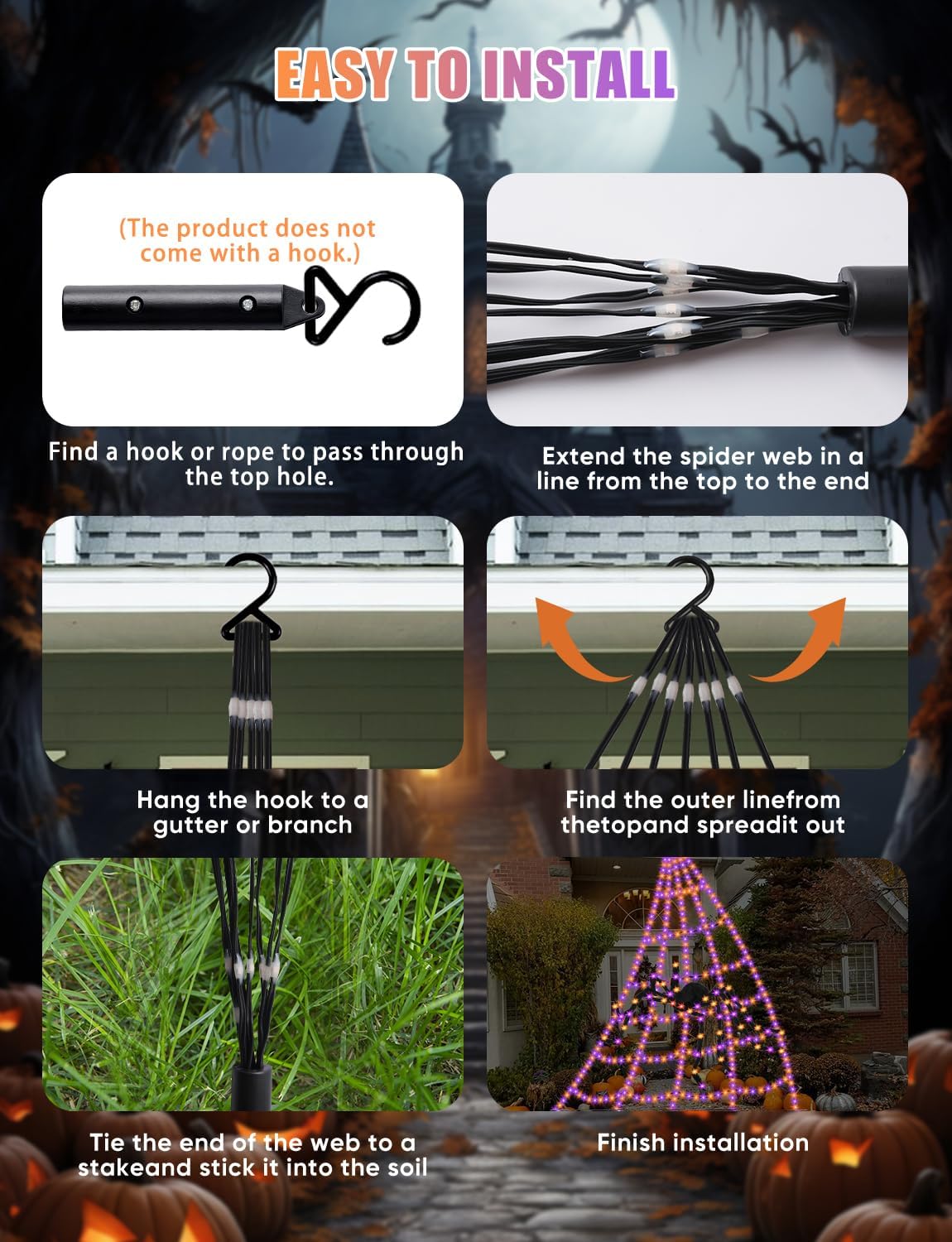 Spider Webs Halloween Decorations Lights - 550 LEDs Outdoor Giant Halloween Decor Lights with16.4ft,4ft Spider,8 Modes,Waterproof&Timer for Yard Porch Garden,Outside Party (with Spider)