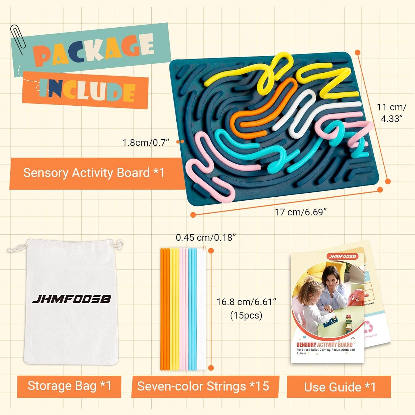 Sensory Activity Board, Double-Sided Silicone Sensory Fidget Toy with 15 Strings for Autism, Stress, Anxiety, Calming, Focus, No Mess, ADHD & Silent, for Kids 3+ & Adults with Portable Travel Bag