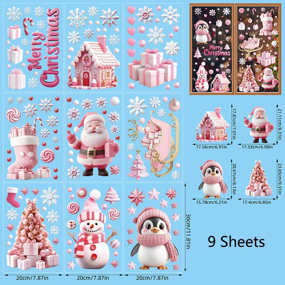 Christmas Window Clings Stickers, 9 Sheets Pink Santa Snowman Penguin Snowflake Christmas Tree Static Decals for Winter Holiday Decoration