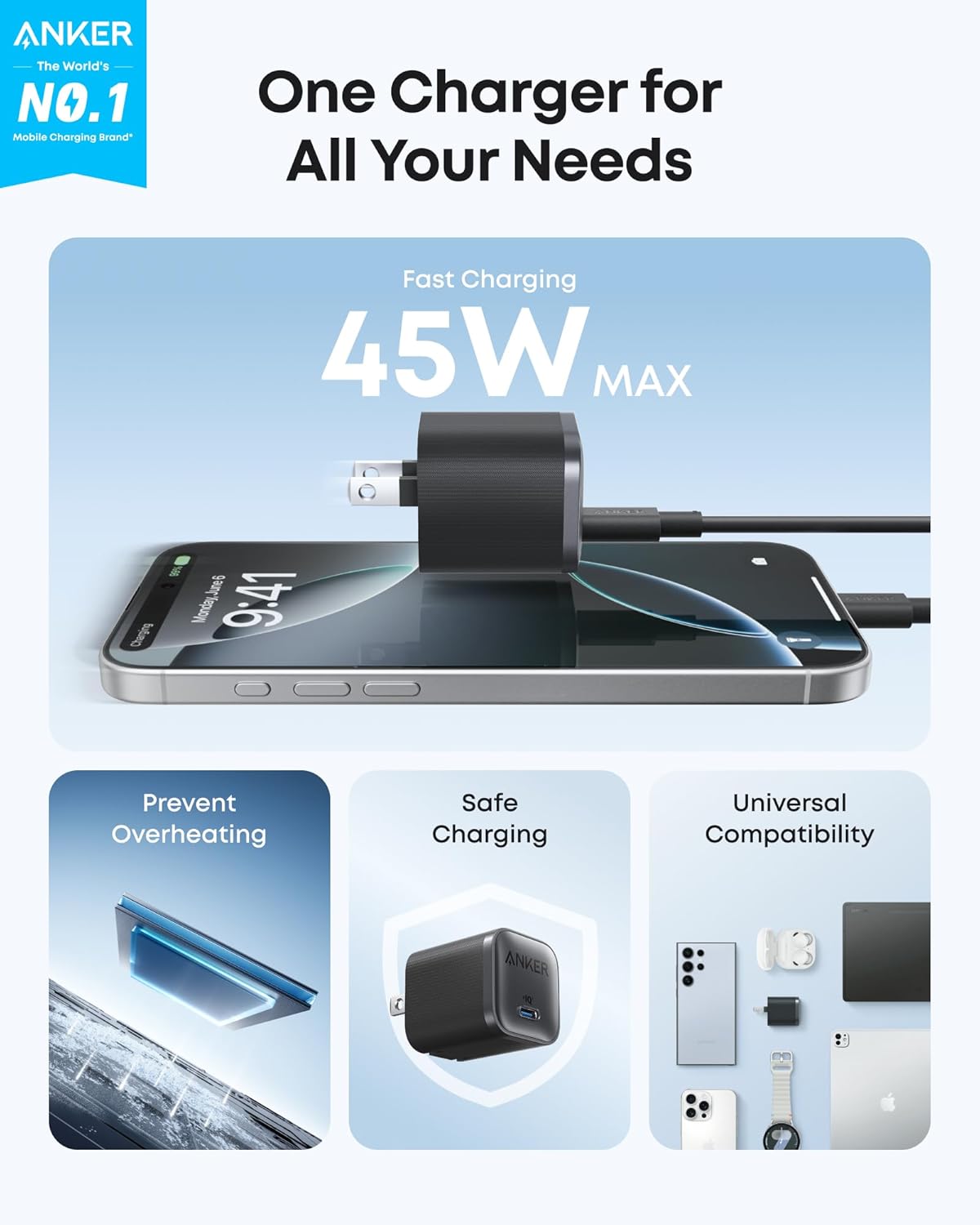 Anker Nano 45W Type C Charger Fast Charging, Compact and Foldable Plug USB C Charger Block for iPhone 17/16 Series, MacBook, Pixel 9, iPad, Samsung Galaxy S25 Ultra / S24 Series (6 ft Cable Included)