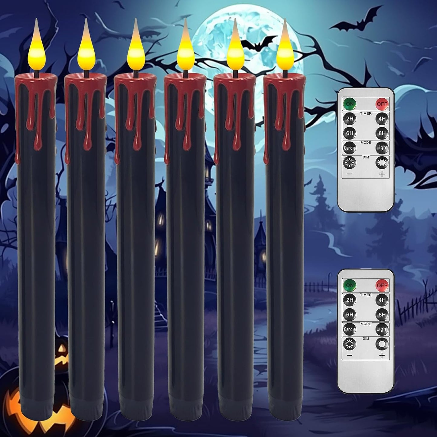 Flameless Bleeding Candles – 6 Pack, Black LED Taper Candles with Red Dripping Wax Effect, 0.8 x 9.9 Inches, Includes 2 Remotes – Creepy Halloween Decor for Haunted Houses & Horror Parties