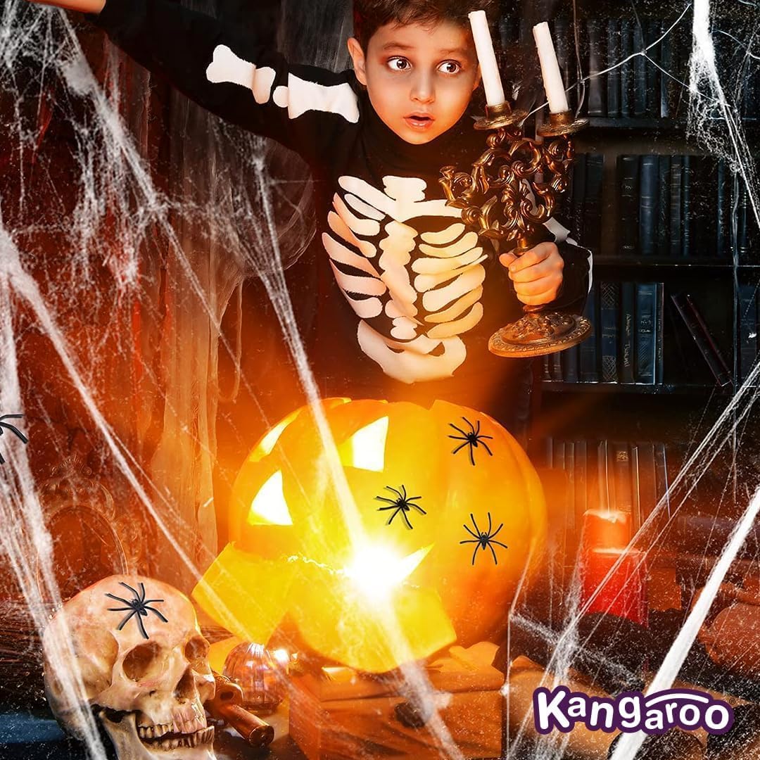 Kangaroo 200 sq. Ft Fake Spider Webs Decorations - Spiderweb Webbing Halloween Cobwebs Decor - Scary Halloween Decor Indoor Outdoor Party Wall, Graveyard Decoration Props - 4 Fake Spiders Included