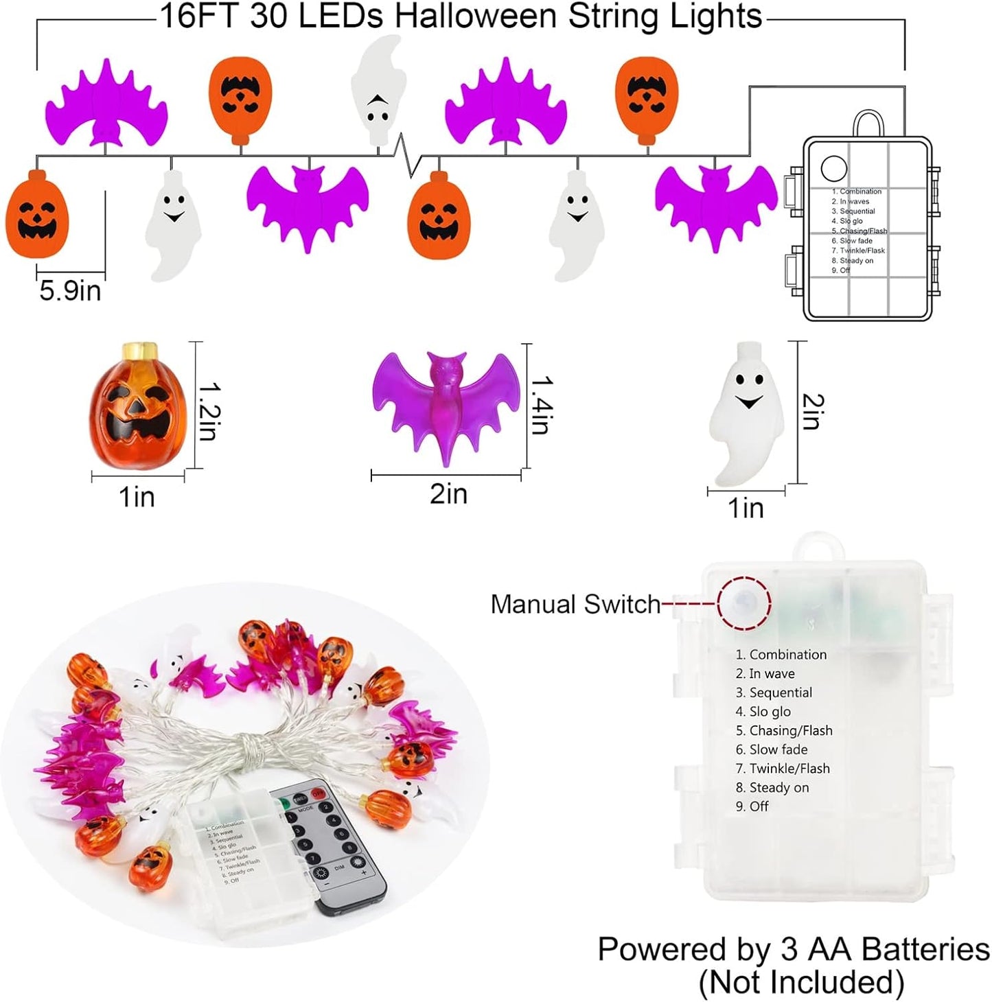 Halloween Lights Decorations, 16 FT 30 LED Waterproof 3D Pumpkin Bat Ghost Battery Operated String Lights with Timer, 8 Lighting Modes Fairy Light for Home Window Indoor Outdoor Halloween Party Decor