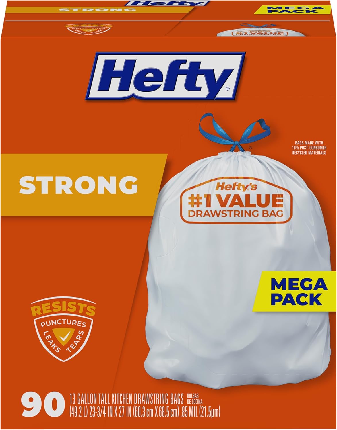 Hefty Strong 13 Gallon Trash Bags, Tall Kitchen Bags, UnscentedLarge Bags with Drawstrings, Durable Closure, Resists Leaks, Punctures, and Tears, White, Unscented, 90 Bags