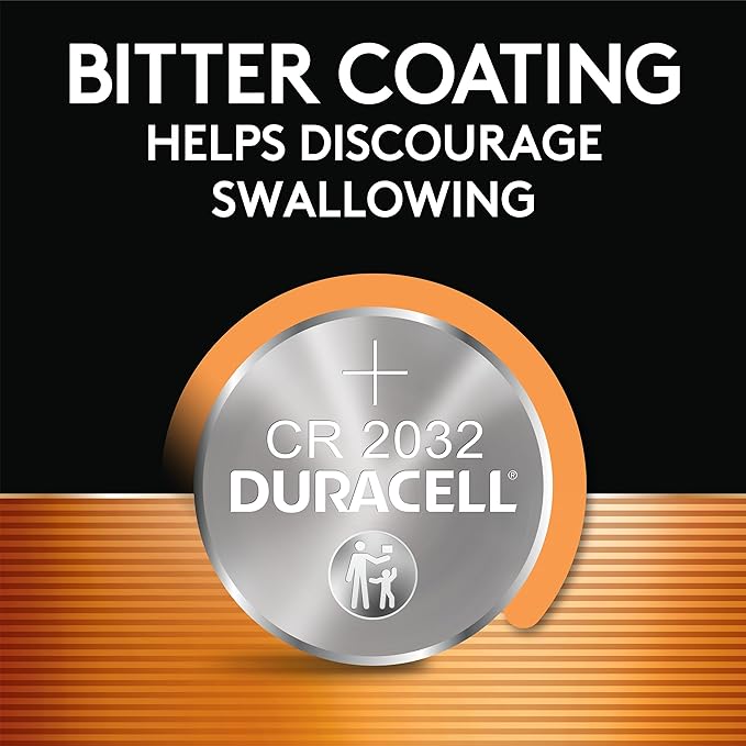 Duracell 2032 Lithium Battery. 4 Count Pack. Child Safety Features. Compatible with Apple AirTag, Key Fob, and other devices. CR2032 Lithium 3V Cell. 2032 Battery, Lithium Coin Battery