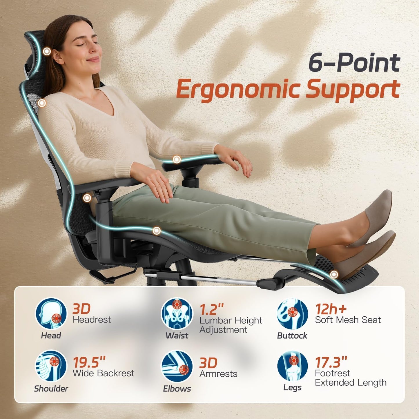 Ergonomic Office Chair, Mesh Desk Chair with Footrest, Adjustable Lumbar Support, 3D Armrest & Large Headrest, 3-Gear Tilt Recline, Stable Swivel Computer Gaming Chairs for Man Woman