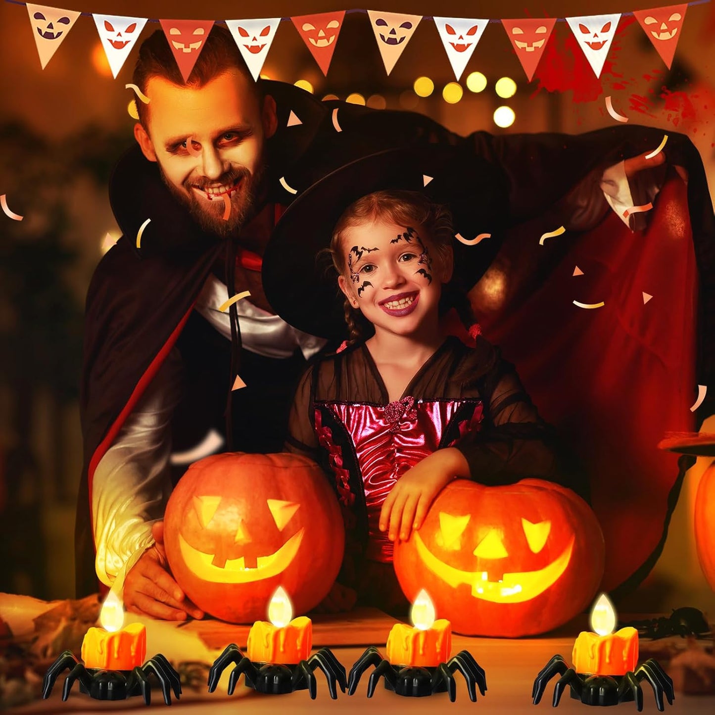 YBB 6 Pcs Halloween Spider Tea Lights, Novelty LED Flameless Spider Candle Holder Lights Battery Operated Orange Tea Lights for Halloween Party Table Home Spooky Decor