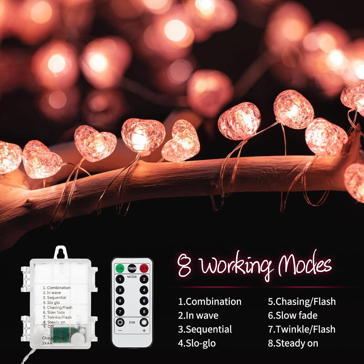 Valentineās Day Fairy String Lights - 10.5 ft 30 LED Pink Heart Battery Operated Fairy Lights with Timer and Remote, Twinkle Heart Lights for Wedding DIY Indoor Christmas Gift Valentine's Day