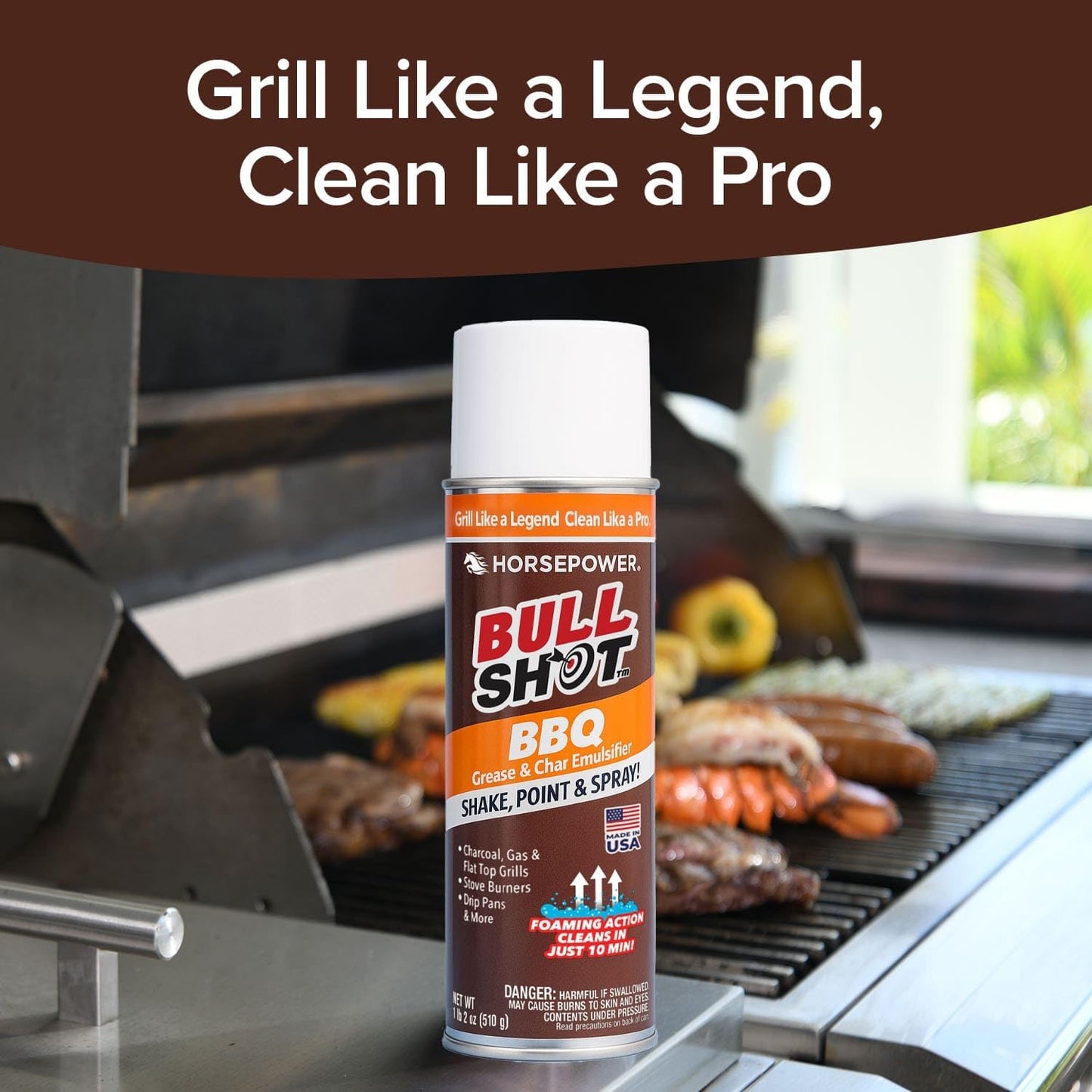 Horsepower Bull Shot BBQ Grill Cleaner, Super-Concentrated, Foaming Action Cleans in Just 10 Min, AS SEEN ON TV, Made in the USA, Emulsifies Grease and Char on Charcoal, Gas, Flat Top Grills & More