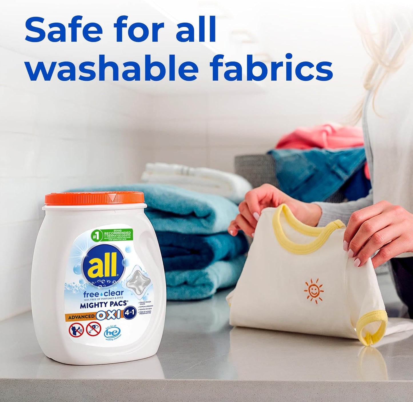 All Laundry Detergent Pacs, Mighty Pacs with OXI Stain Removers and Whiteners, Free Clear, Unscented and Dye Free, 56 Count