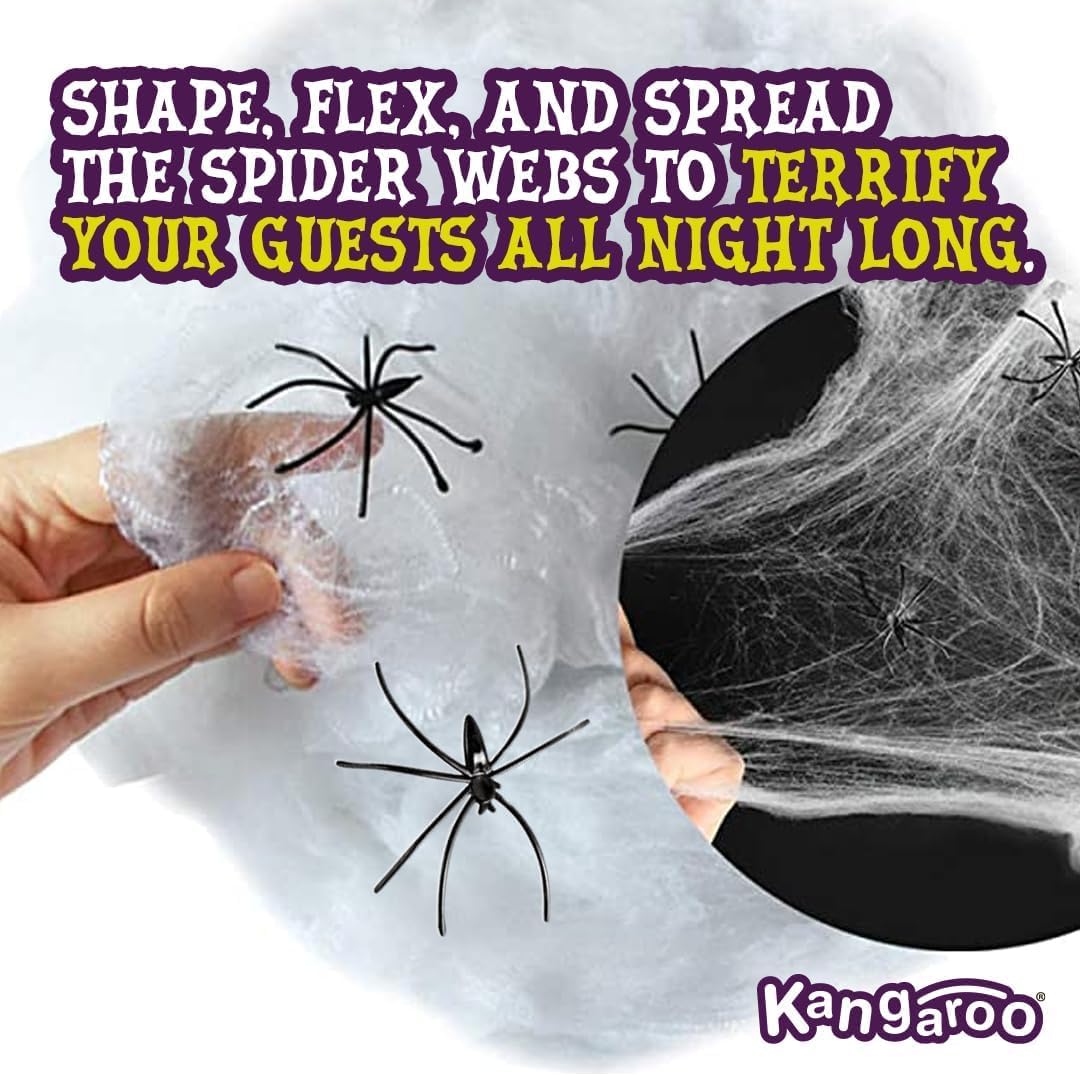 Kangaroo 200 sq. Ft Fake Spider Webs Decorations - Spiderweb Webbing Halloween Cobwebs Decor - Scary Halloween Decor Indoor Outdoor Party Wall, Graveyard Decoration Props - 4 Fake Spiders Included