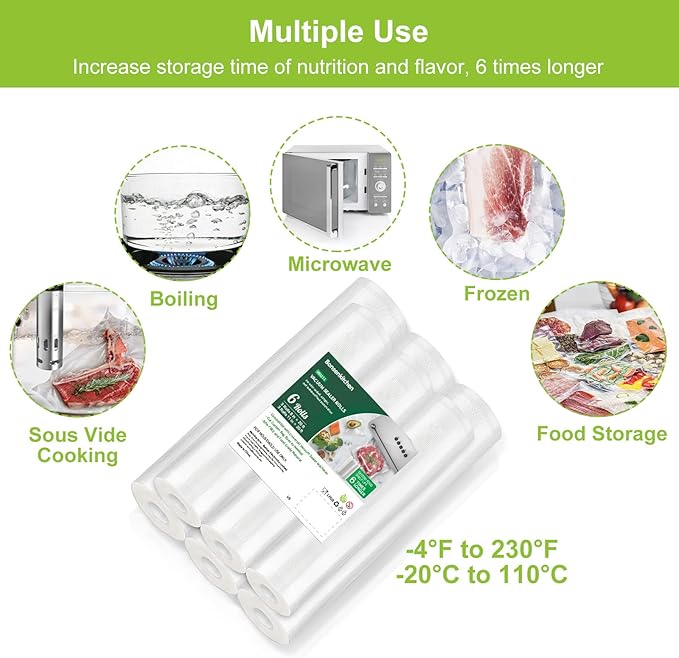 Bonsenkitchen Vacuum Sealer Rolls Bags, 6 Pack 3 Rolls 11" x 20' + 3 Rolls 8" x 20' Commercial Grade BPA Free Bag Rolls, Durable Customized Size Food Vac Bags for Storage and Sous Vide Cooking VB3211