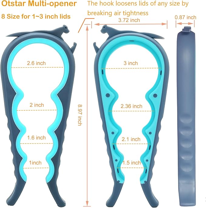 Otstar Jar Opener Bottle Opener and Can Opener for Seniors, Mutil Jar Opener Get Lids Off Easily (Blue and Grey)