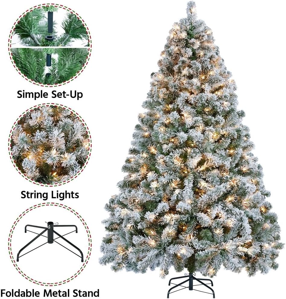 Yaheetech 6ft Pre-lit Artificial Christmas Tree with Incandescent Warm White Lights, Snow Flocked Full Prelighted Xmas Tree W/820 Branch Tips, 250 Incandescent Lights & Foldable Stand, Green & White