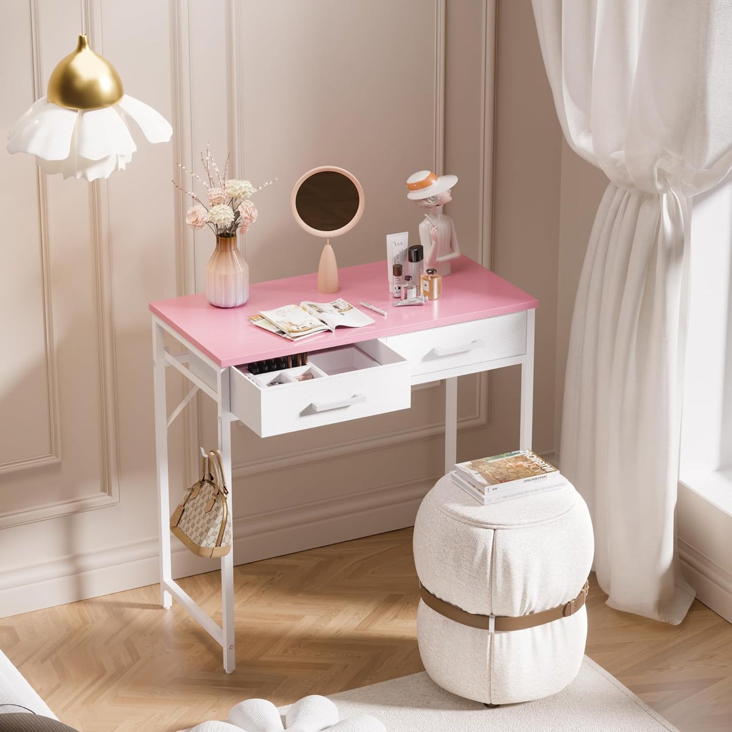 Pamray 32 Inch Small Computer Desk with 2 Drawers for Bedroom Study Writing Home Office Table for Small Spaces Pink