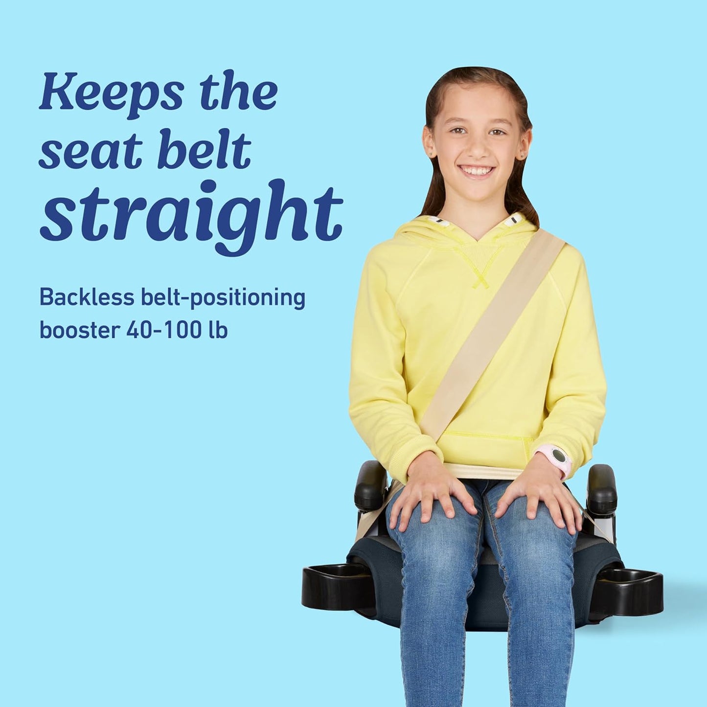Child sitting on a backless belt-positioning booster with text on a blue background