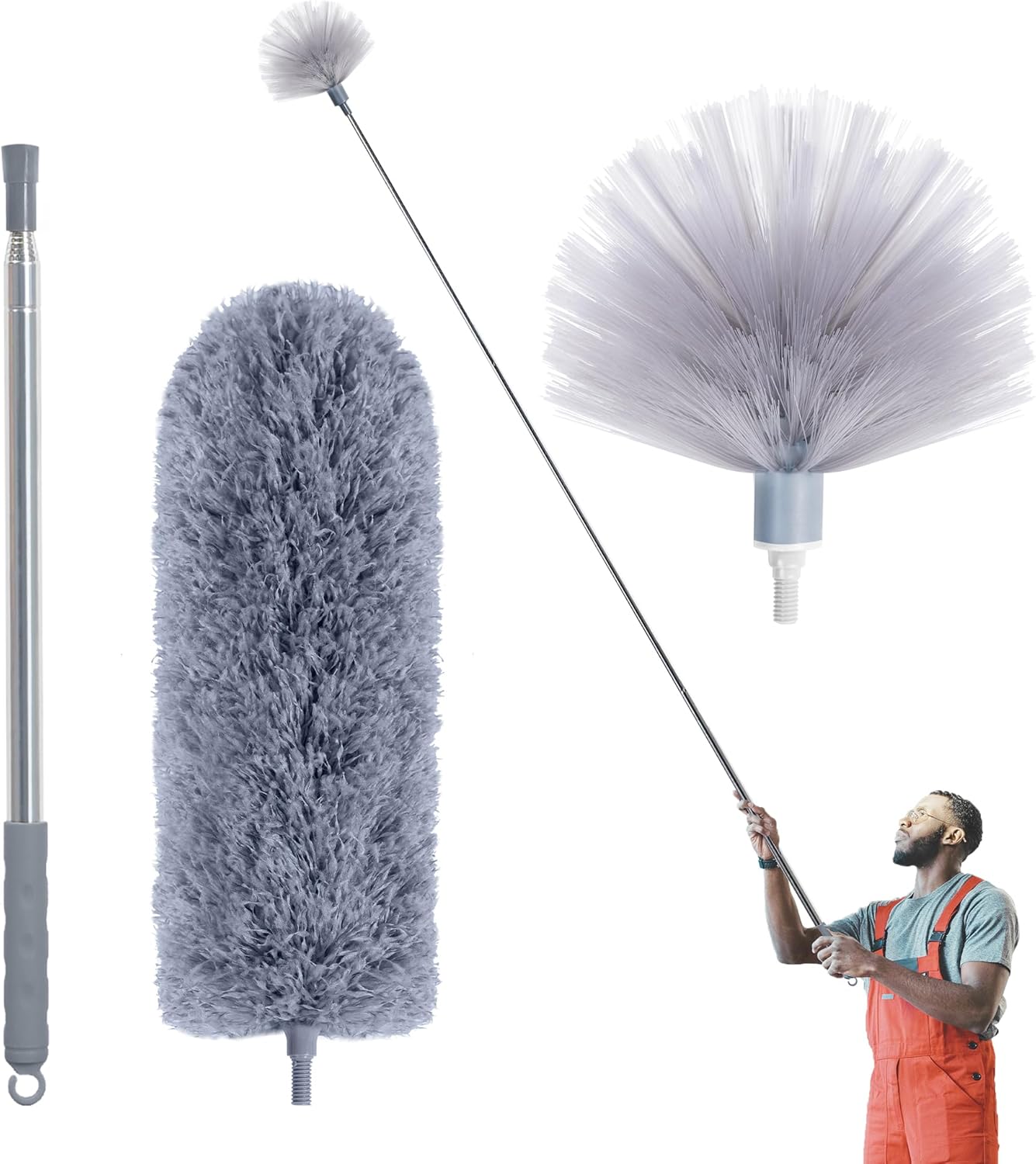 Cobweb Duster with Extension Pole, Spider Web Brush & Ceiling Cleaning Kit, 100" Microfiber Feather Duster Cleaner with Washable Head for Ceiling Fan, Furniture, Home