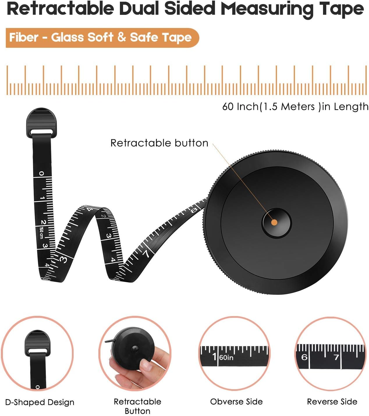 iBayam 2 Pack Tape Measure Measuring Tape for Body Fabric Sewing Tailor Cloth Knitting Vinyl Home Craft Measurements, 60-Inch Soft Fashion Pink & Retractable Black Double Scales Rulers for Body Weight