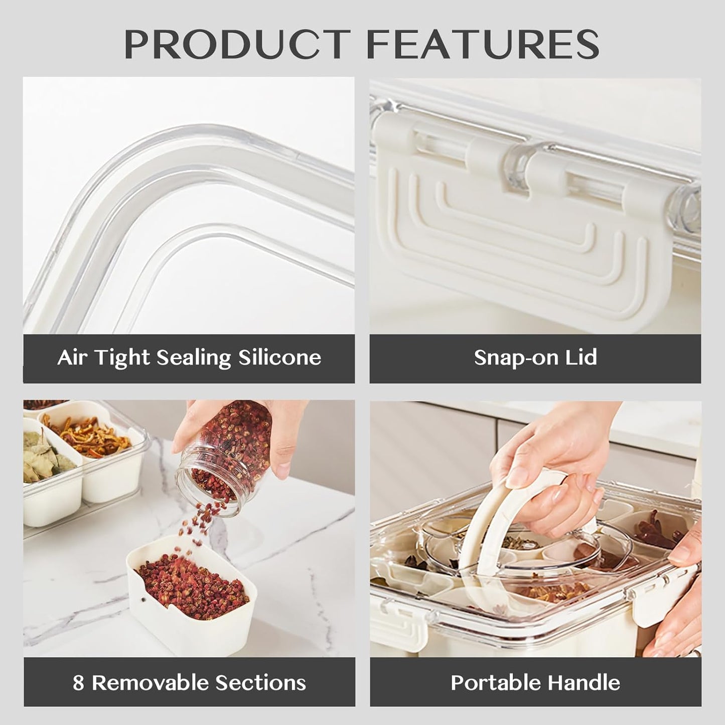 Snackle Box Container,Portable Snack Box 8 Compartment Divided Serving Tray with Lid and Handle,Clear Storage Organizer for Fruit Candy Nuts Veggie-Perfect for Road Travel Party(1 Pack)