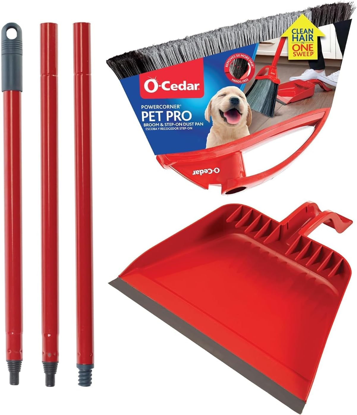 O-Cedar Pet Pro Broom with Step-On Dustpan | Remove 99% with One Sweep | DustPan Removes 3 Times More Pet Hair | Quiet Cleaning Tool for Cat and Dog Owners