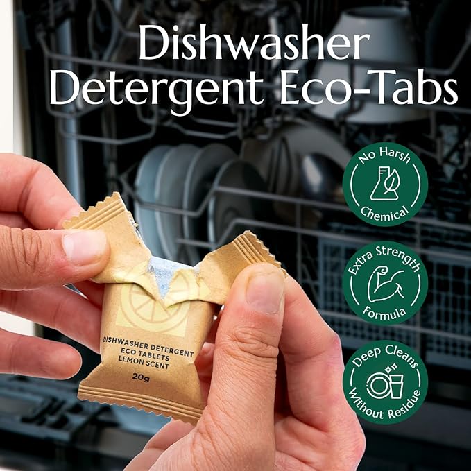 CLEANOMIC Dishwasher Pods (32 Eco Tabs) Soap Detergent, No Harsh Ingredients, Individually Wrapped - Lemon Fresh