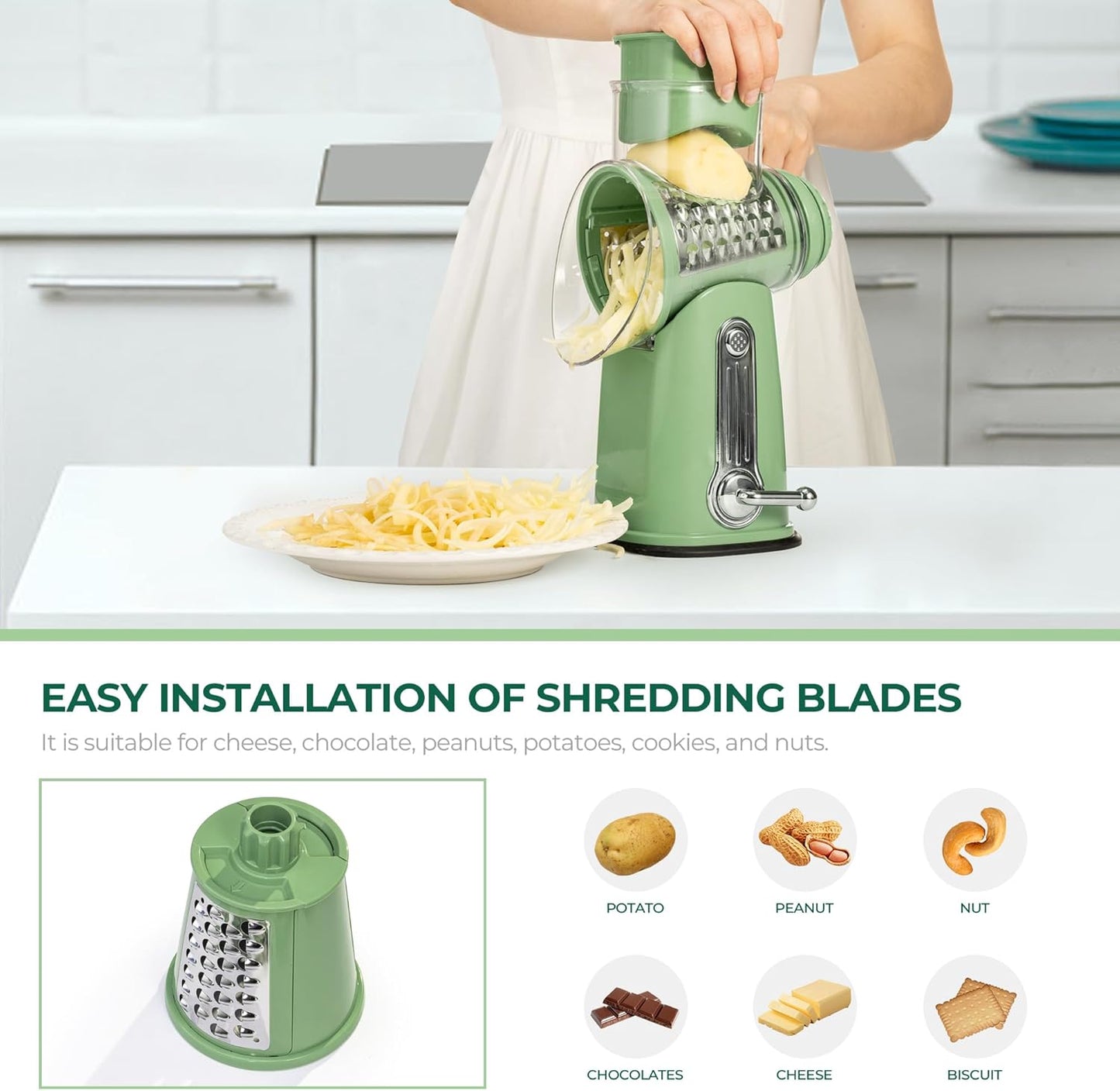SUSTEAS Rotary Cheese Grater with Handle - Vegetable Shredder with 5 Well-designed Blades & Strong Suction Base,Round Mandoline Slicer & Food Chopper for Kitchen,with Blade Storage Box(Retro Green)