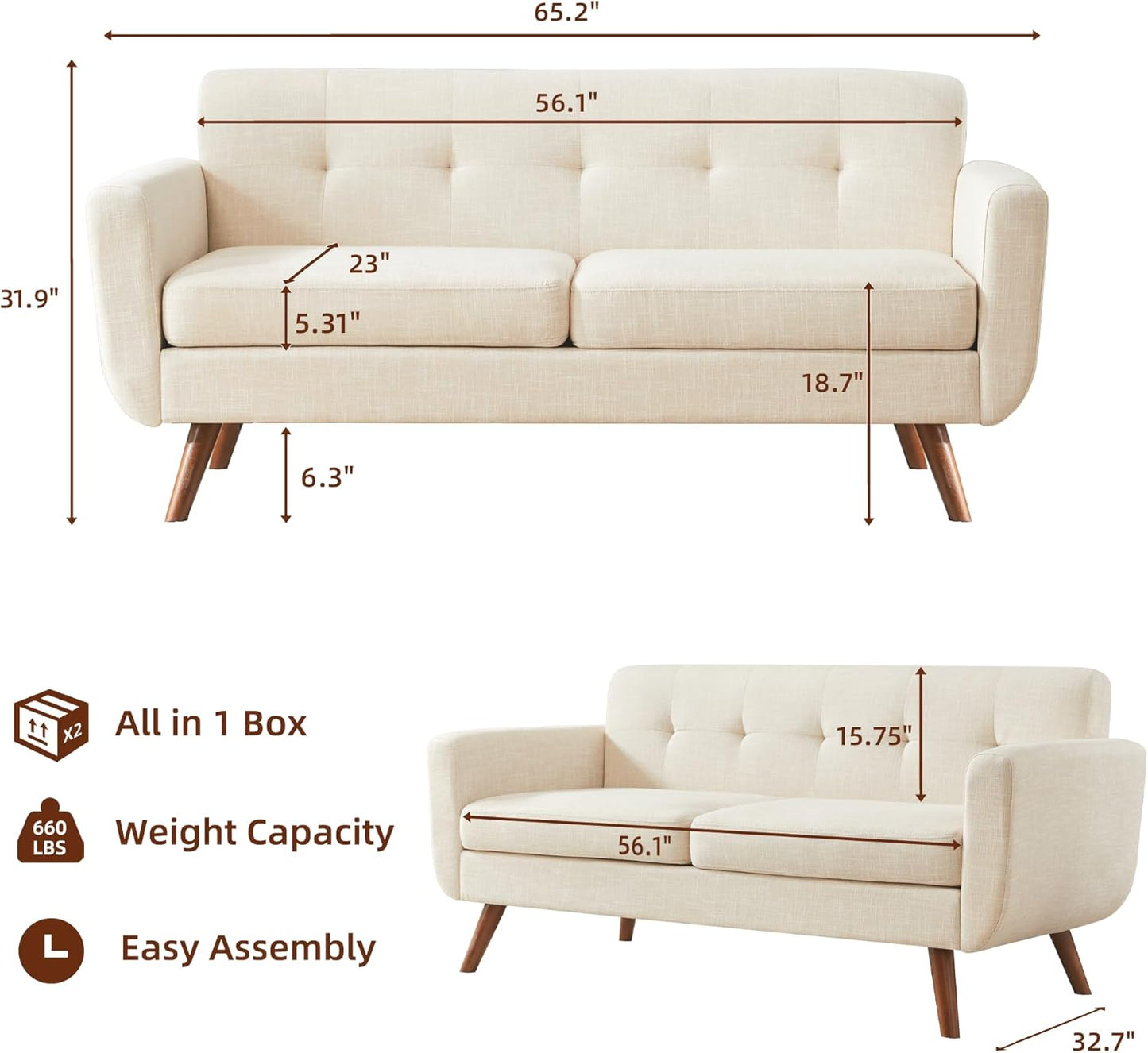 Tbfit 65" W Loveseat Sofa, Mid Century Modern Decor Love Seat Couches for Living Room, Button Tufted Upholstered Small Couch for Bedroom, Solid and Easy to Install Love Seats Furniture, Beige