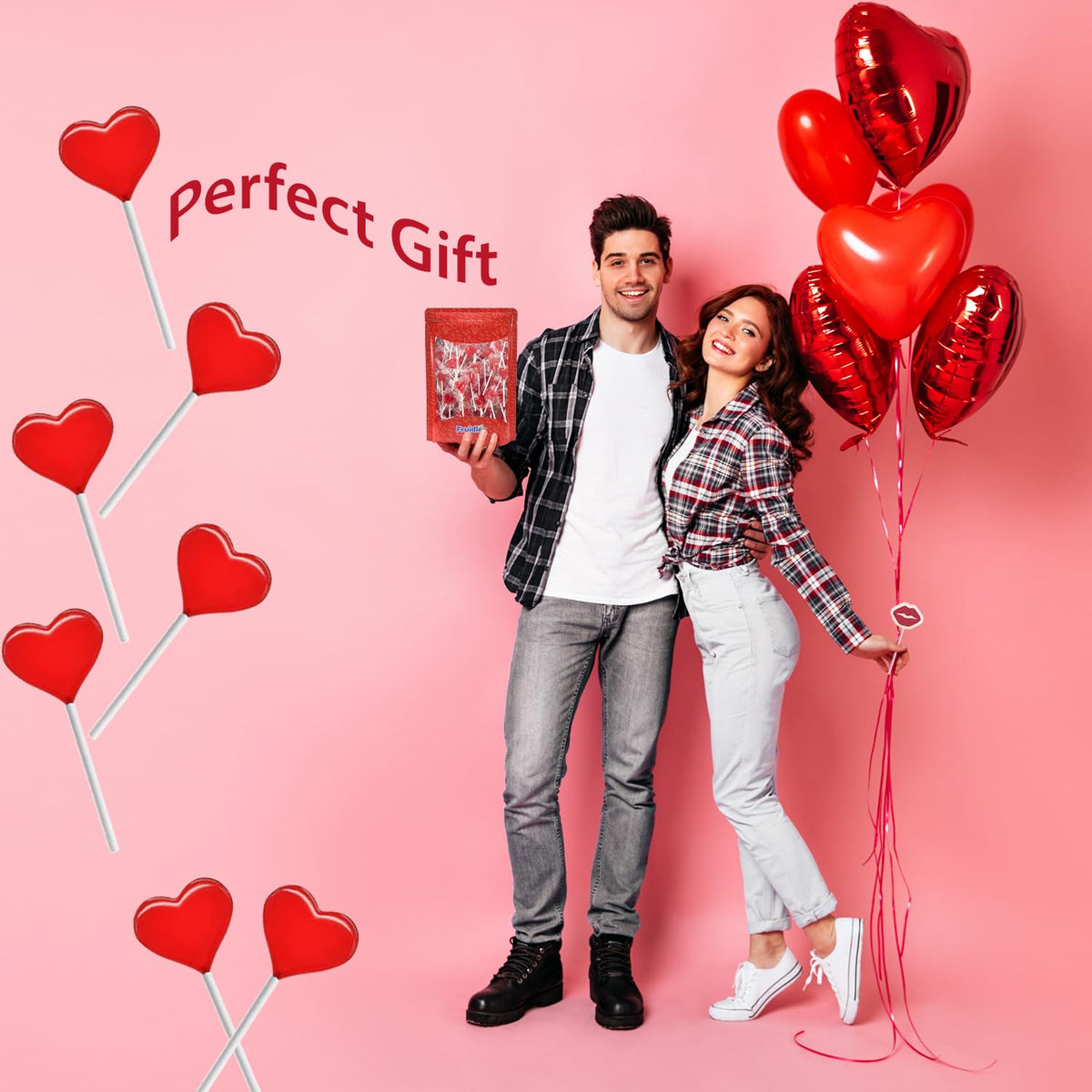 Fruidles Lollipops Mini Red Heart Shaped Strawberry Flavored Individually Wrapped, 5g 30 Lollipops Half-Pound