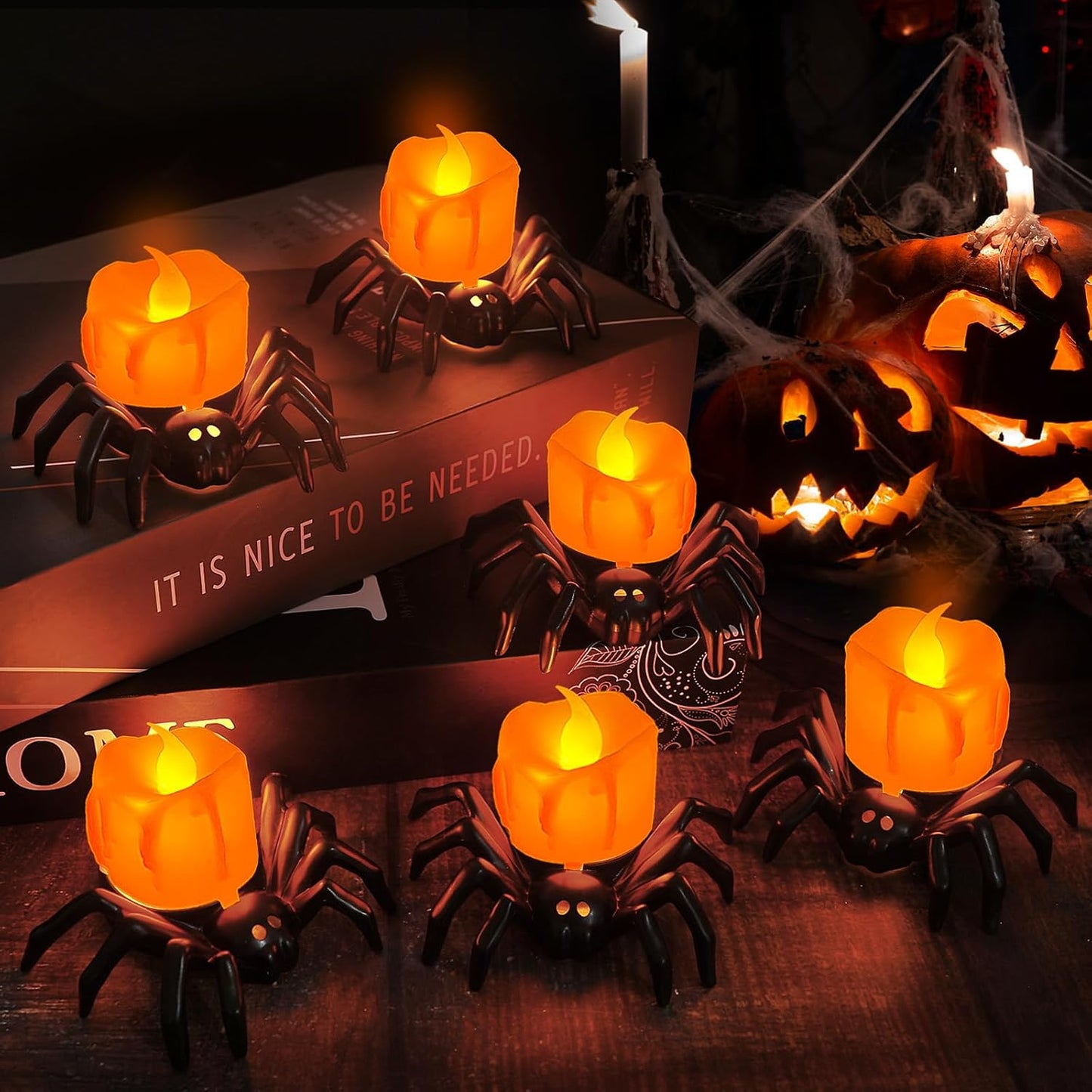 FOIMAS 6 PCS Halloween Tea Lights Candles,Halloween Flameless Candles Halloween Spider Tealights Spooky Flickering Fake Candles for Halloween Party Decorations, Black