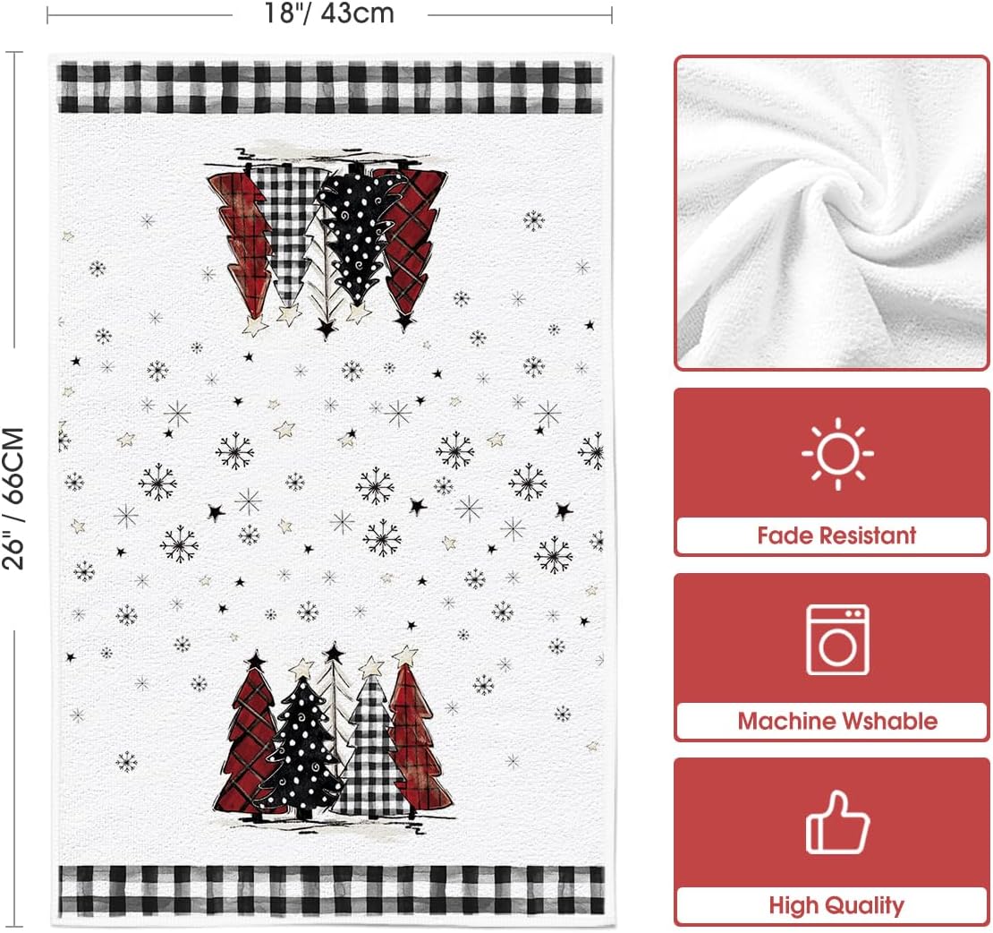 Artoid Mode Black White Buffalo Plaid Snowman Xmas Trees Christmas Kitchen Towels Dish Towels, 18x26 Inch Daily Winter Decoration Hand Towels Set of 4