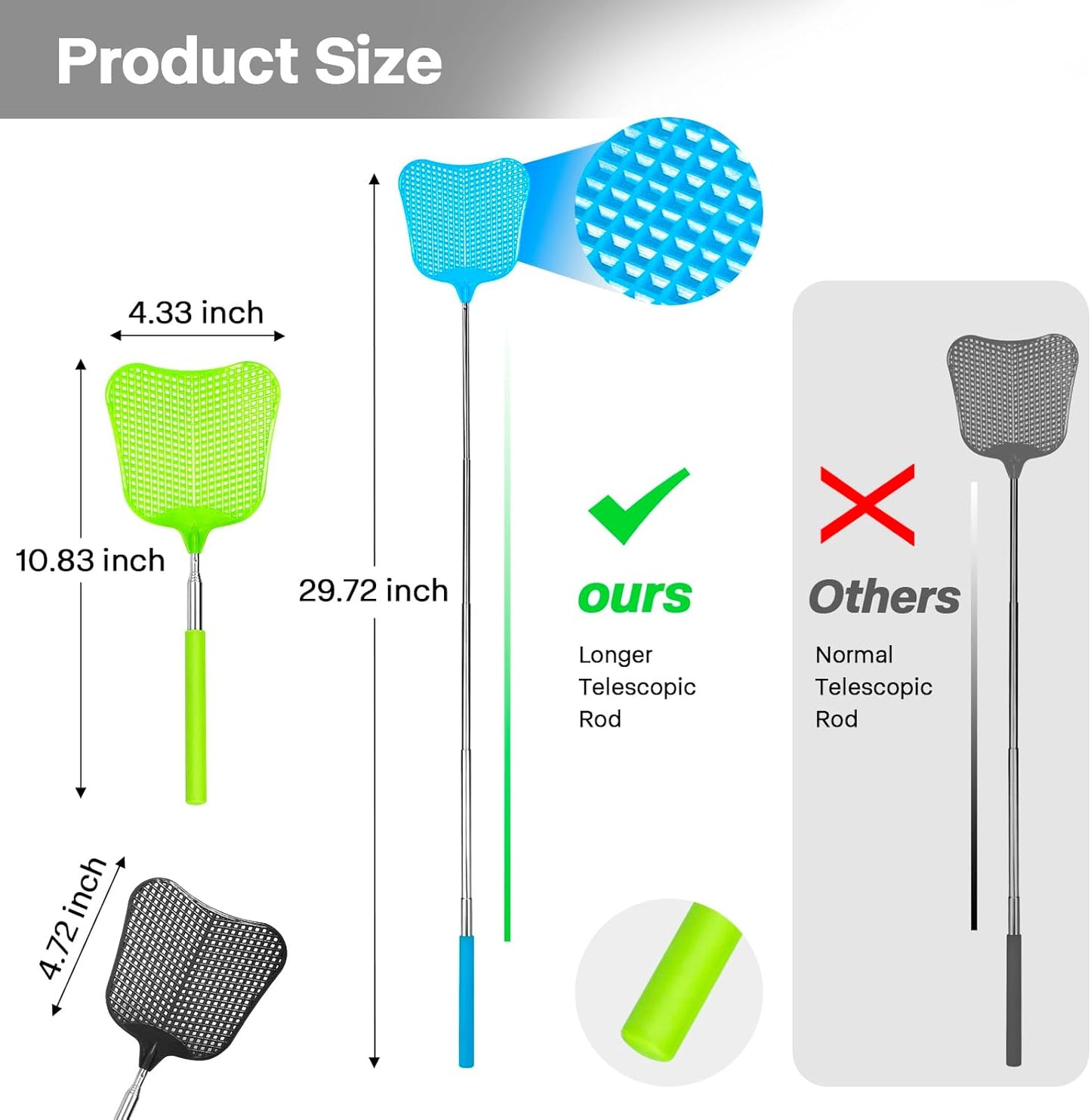 Telescopic Fly Swatter, Begonia Fly Swatter for Indoors,Manual Plastic Flyswatter Heavy Duty with Stainless Steel Telescopic Handle (3 Pack)