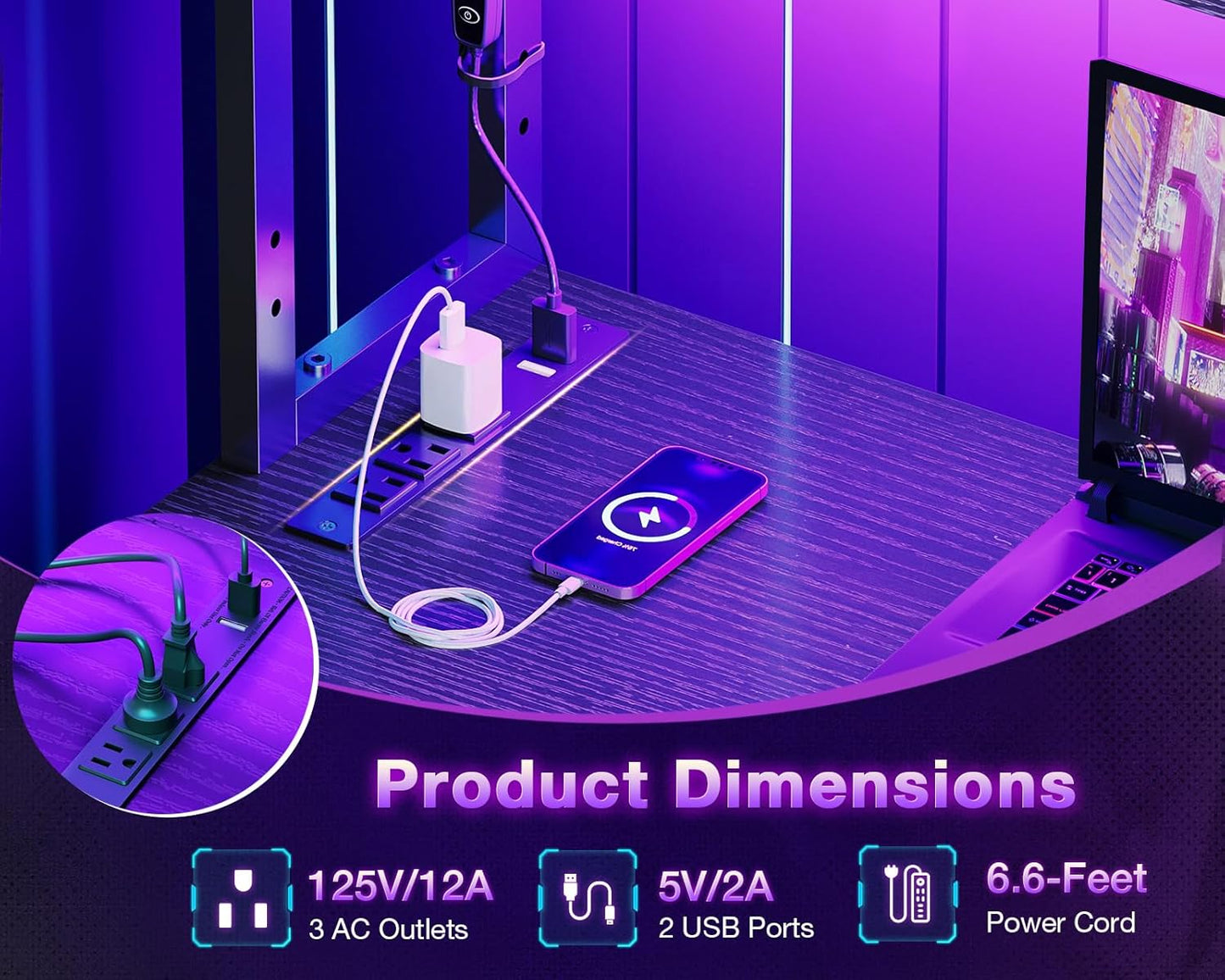 ODK 53 Inch L Shaped Desk with LED Lighting, Reversible Gaming Desk with Power Outlets, Cornor Computer Table with Storage Shelves & Bag & Iron Hook, Home Office Table for Writing, Study, Black