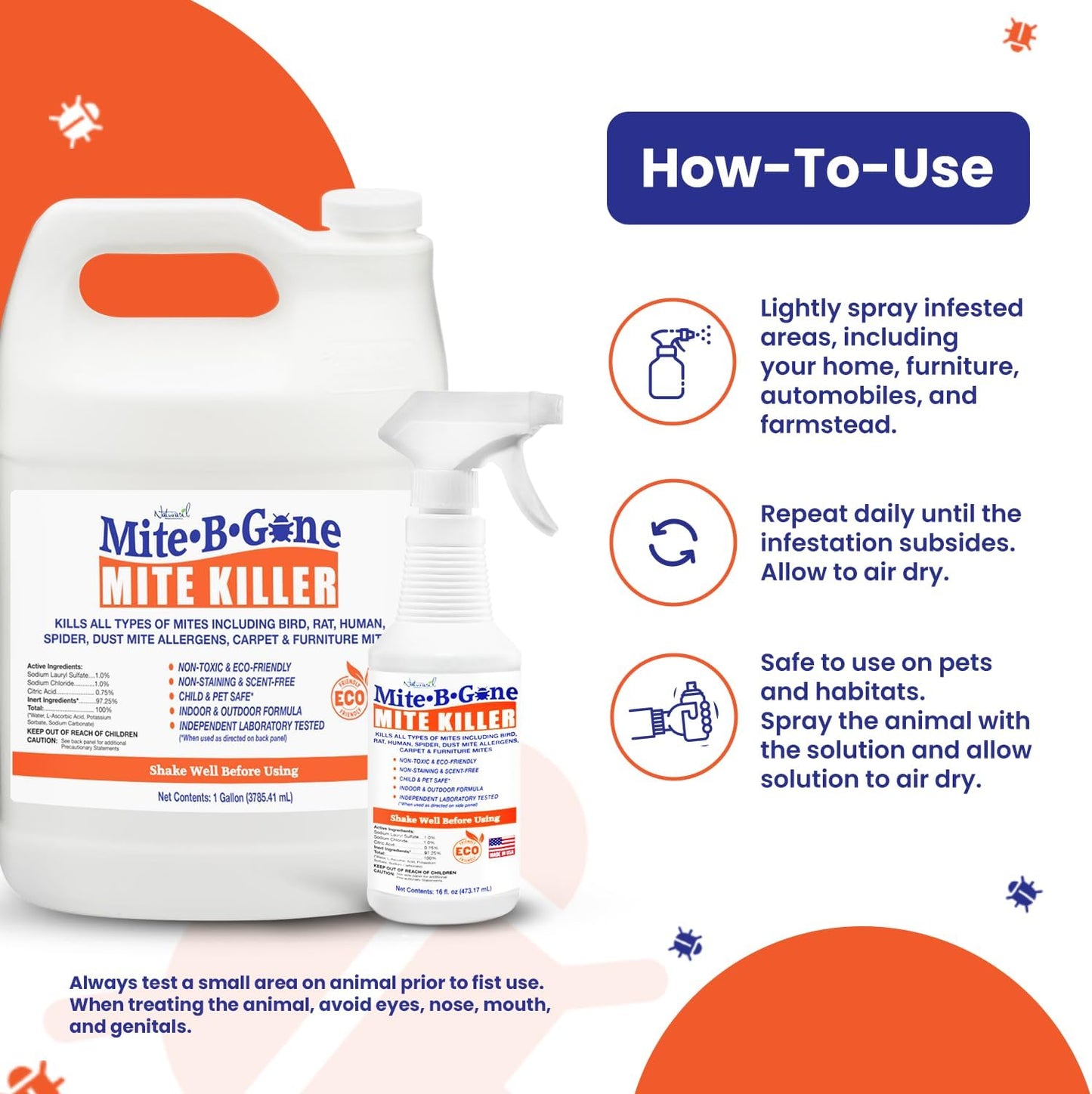 Mite Killer Spray by Mite-B-Gone — Kills Human Mites, Bird, Dust, Spider, Rat, Turkey, Carpet Mites. Treatment for Homes, Furniture, Bedding, Auto & Animals | Non-Toxic | Kid & Pet Safe | 16oz Spray